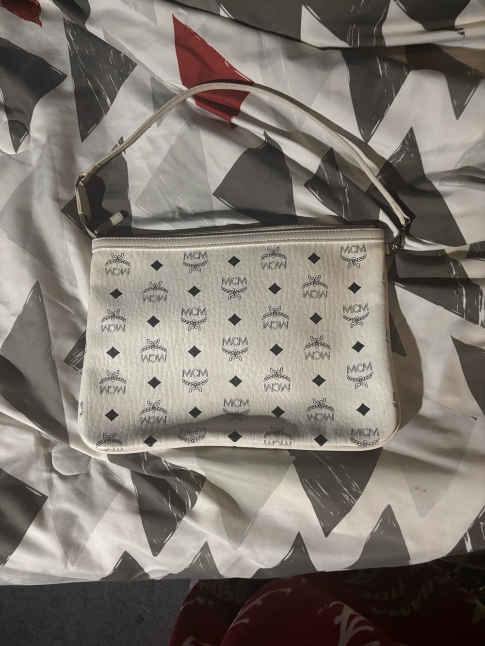 MCM White Monogram Shoulder Bag with Black Accents